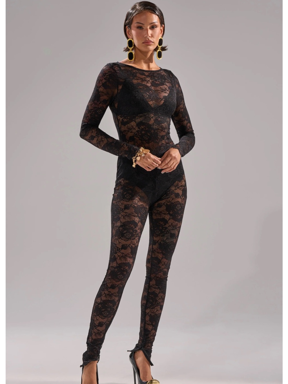 AKIRA Black Lace Bodysuit with Floral Mesh